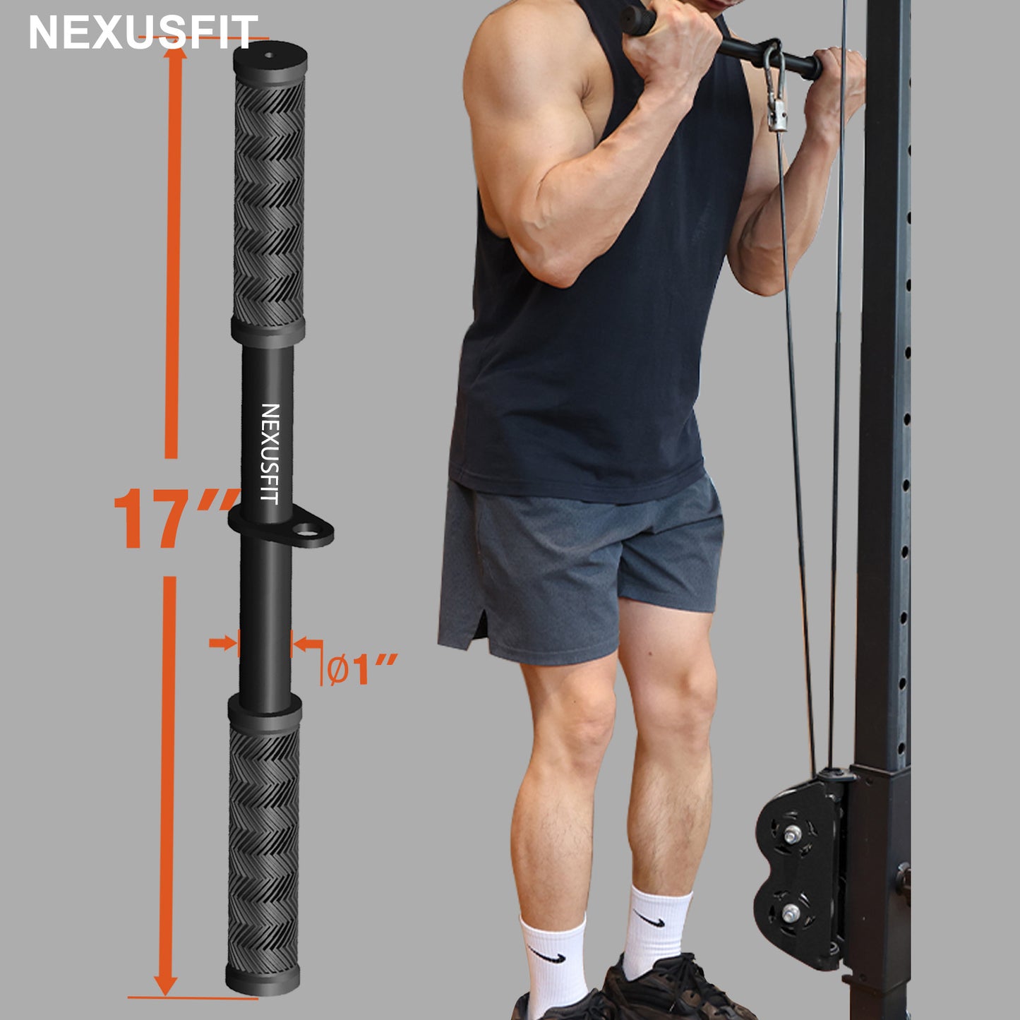 NEXUSFIT Exercise Bars, Straight Bar Cable Attachment, Non-Slip Tricep Bar for Tricep Pull Down Attachment